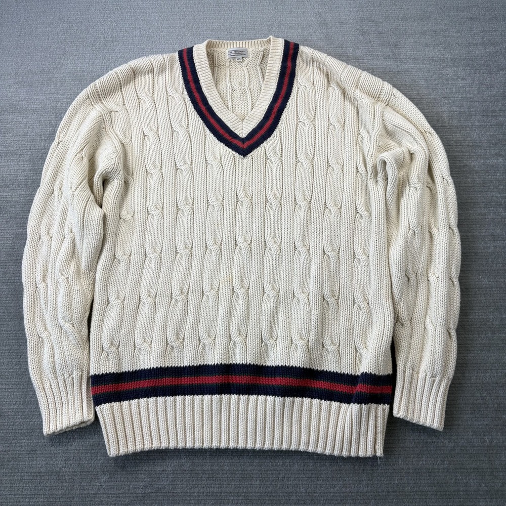 J. Peterman Company Cable Knit Sweater XXL V Neck Tennis Preppy Vintage 90s